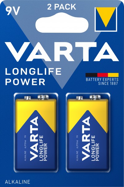 Varta Battery Alkaline, E-Block, 6LR61, 9V Longlife Power, Retail blisterverpakking (2 stuks)
