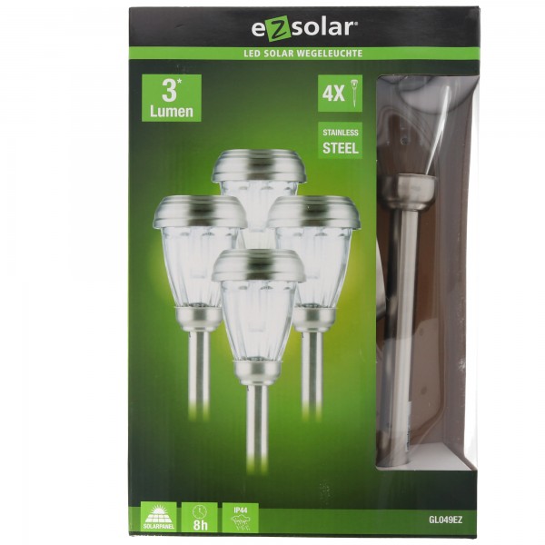 Set van 4 LED-tuinpadlampen op zonne-energie met maximaal 3 lumen, roestvrij staal, met standaard NiMH-batterij, GL004 EZ