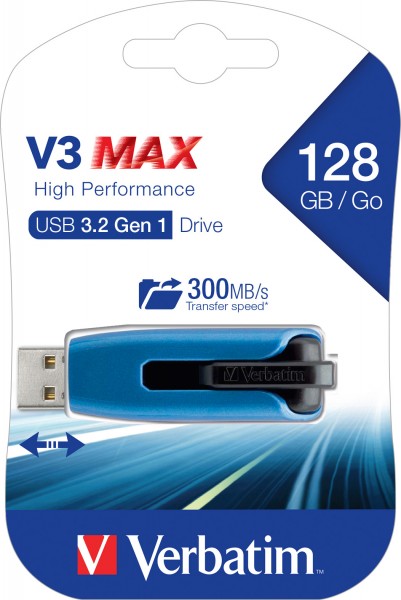 Verbatim USB 3.2 Stick 128GB, V3 MAX, blauw-zwart Type-A, (R) 300MB/s, (W) 70MB/s, blisterverpakking