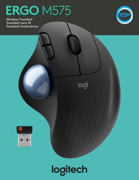 Logitech Mouse M575, Ergo, Draadloos, Unifying, Bluetooth, grafiet optisch, 400-2000 dpi, 5 knoppen, trackball, retail