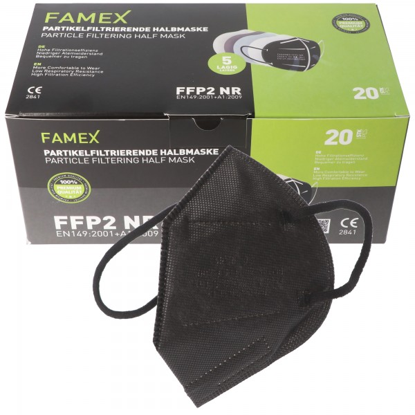 20 stuks FFP2 masker zwart 5-laags, gecertificeerd volgens DIN EN149: 2001 + A1: 2009, partikelfilterend halfgelaatsmasker, FFP2 beschermend masker