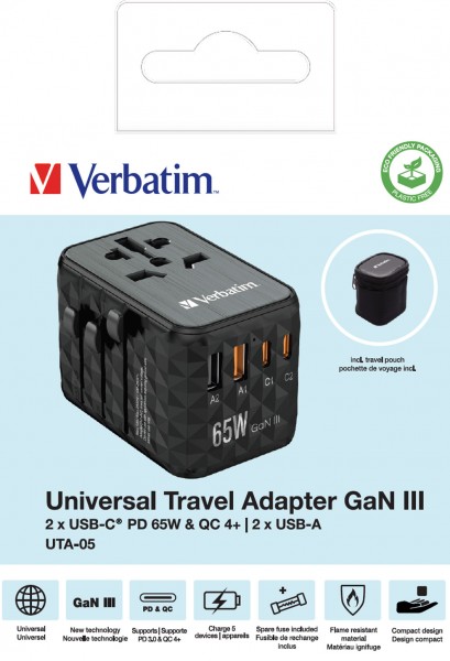 Verbatim oplaadadapter, Universal Travel, UTA-05, GaN III, 65W 1x USB-A, 1x USB-A QC, 2x USB-C PD, 100-250V, detailhandel