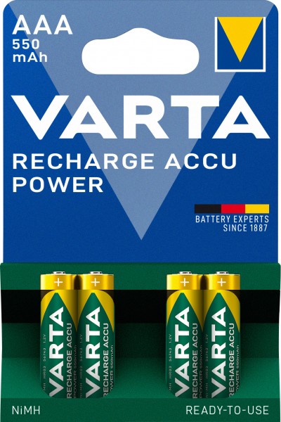 Varta Batterij NiMH, Micro, AAA, HR03, 1.2V/550mAh Accuvoeding, Voorgeladen, Retail-blisterverpakking (4-pack)