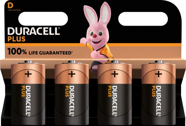 Duracell Batterij Alkaline, Mono, D, LR20, 1.5V Plus, Extra Life, Retail-blisterverpakking (4-pack)