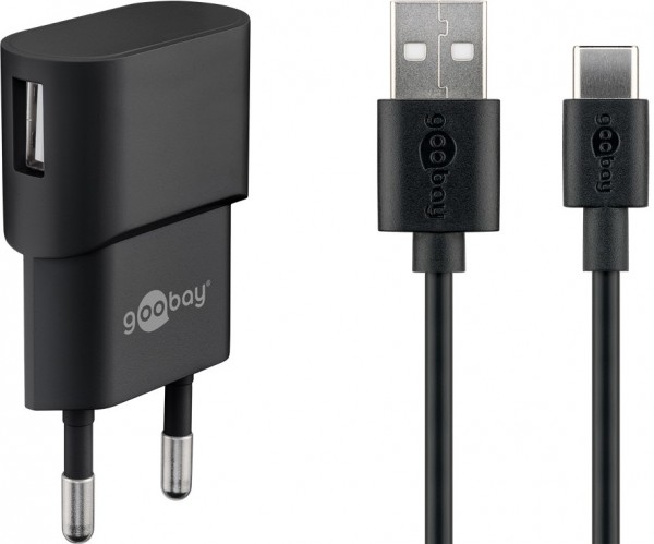 Goobay USB-C™ oplaadset 1 A - voeding met Type-C™ kabel 1m (zwart)
