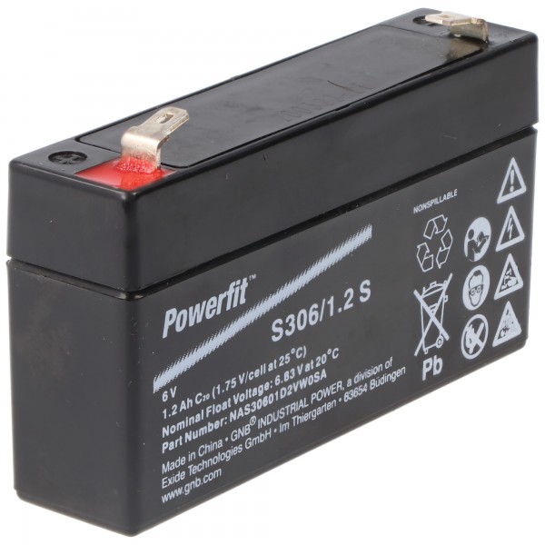 Exide Powerfit S306 / 1.2S loodbatterij met Faston 4,8 mm 6V, 1200mAh