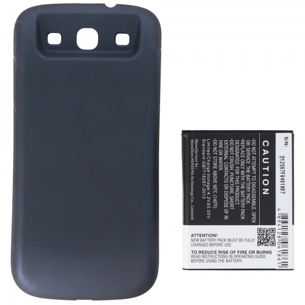 Batterij geschikt voor de Samsung Galaxy S III batterij met extra cover voor GT-I9300, cover kleur pepple-blue