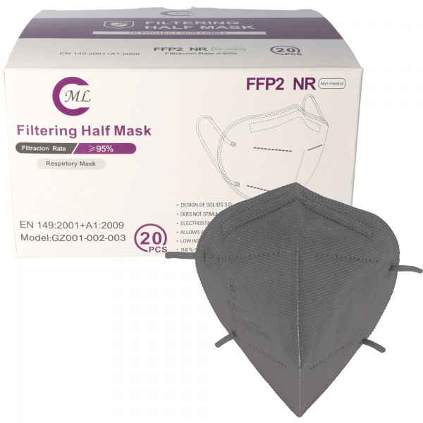 20 stuks FFP2 masker grijs 5-laags, gecertificeerd volgens DIN EN149: 2001 + A1: 2009, partikelfilterend halfgelaatsmasker, FFP2 beschermend masker