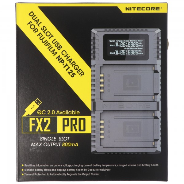 Nitecore FX2 PRO USB-lader, lader voor Fujifilm NP-T125-batterij, geschikt voor Fuji GFX 50S, GFX 50R-camera's