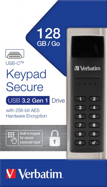 Verbatim USB 3.2 Stick 128GB, Secure, Toetsenbord, AES-256-Bit Type-C, (R) 160MB/s, (W) 150MB/s, Retail