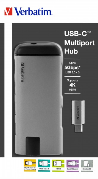 Verbatim Hub, USB 3.1-C, multipoort 3x USB 3.0, HDMI 4K, RJ45 Gigabit, SD/micSD, oplader, USB-C-kabel, 15 cm, detailhandel