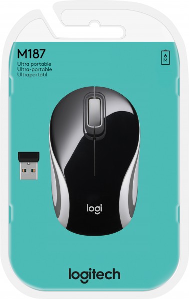 Logitech Mouse M187, ultradraagbaar, draadloos, zwart optisch, 1000 dpi, 3 knoppen, detailhandel