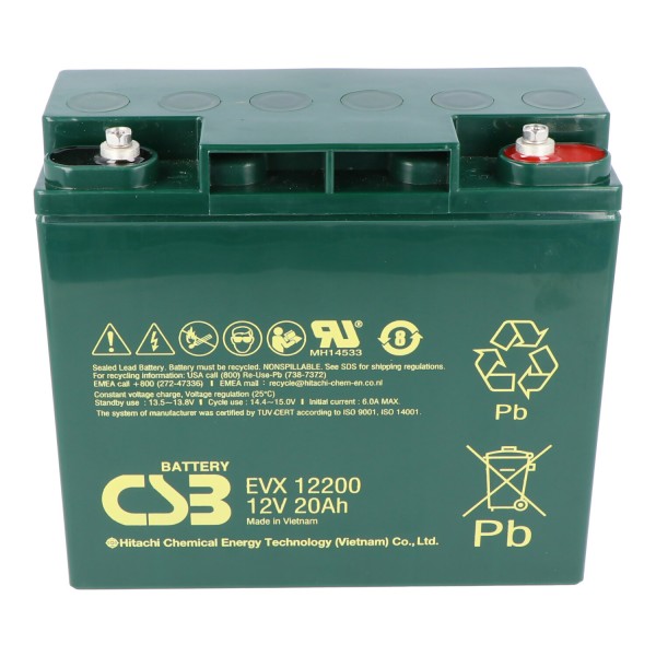 CSB-EVX12200 12 volt AGM loodzuuraccu 20Ah, 181x76.2x167mm, cyclusbestendig, M5 binnendraad