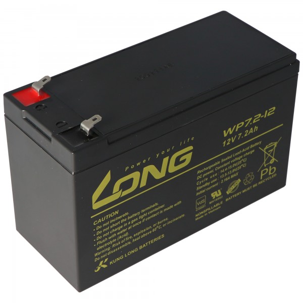 Kung Long WP7.2-12M, 12Volt, 7.2Ah VDS G101163, met Faston 4.8mm-stekkercontacten