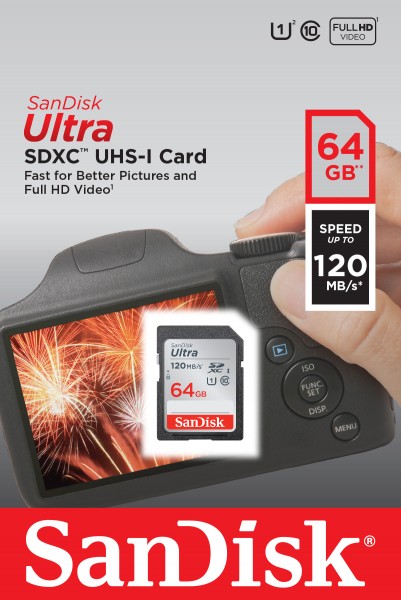 Sandisk SDXC-kaart 64GB, Ultra, Class 10, UHS-I (R) 120MB/s, blisterverpakking