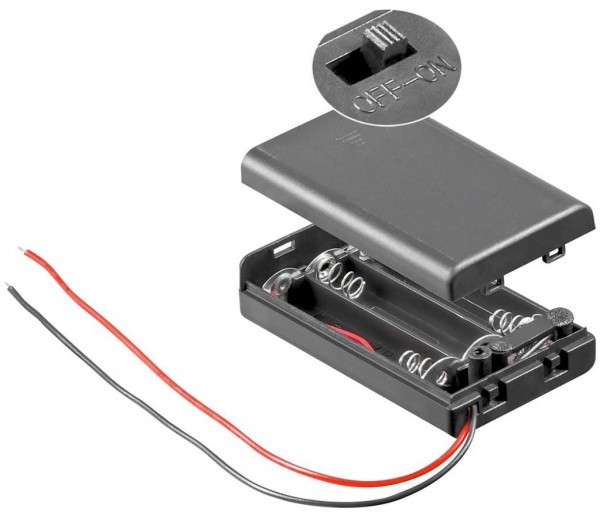 Batterijhouder voor 3x Micro met deksel en schakelaar, waterafstotend, met losse kabeluiteinden