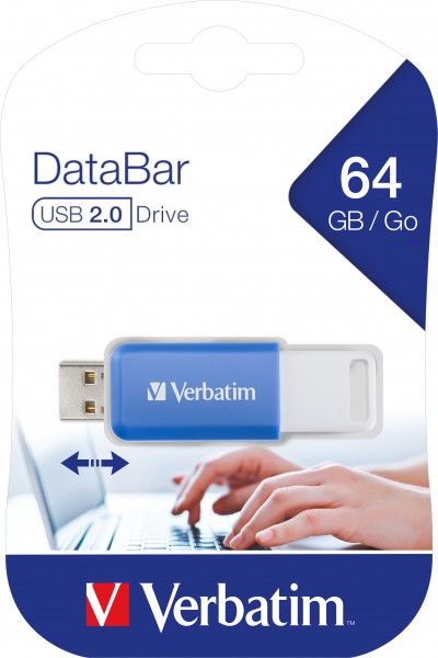 Verbatim USB 2.0 Stick 64GB, DataBar, Blauw Type-A, (R) 12MB/s, (W) 5MB/s, blisterverpakking