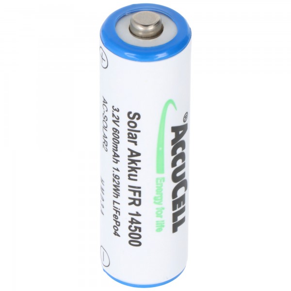 3,2 volt zonnebatterij Lithium IFR 14500 AA 600 mAh LiFePo4-batterij met onbeschermde kop 14,2 x 50,6 mm