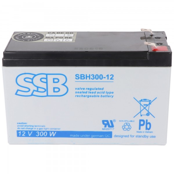 SSB SBH300-12 12V 9Ah loodaccu AGM loodgelaccu, met Faston 6,3 mm, ideaal voor toepassingen met hoge stromen