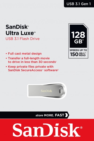 Sandisk USB 3.1 Stick 128GB, Type-A, Ultra Luxe Type-A, (R) 150MB/s, SecureAccess, blisterverpakking