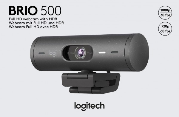 Logitech Webcam BRIO 500, Full HD 1080p, grafiet 1920x1080, 30 FPS, USB-C, privacysluiter, retail