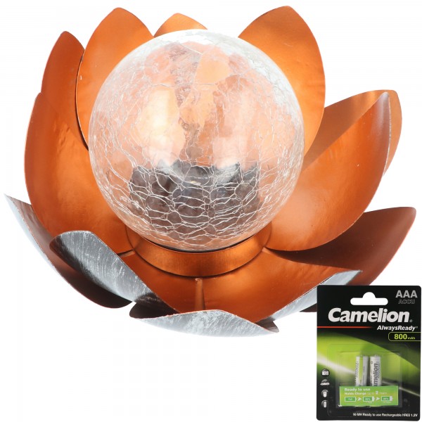 Decoratieve solar lotusbloem van metaal met glazen bol - aangenaam warm wit licht - dromerige lichteffecten - gebroken glasoptiek met 2x reservebatterij