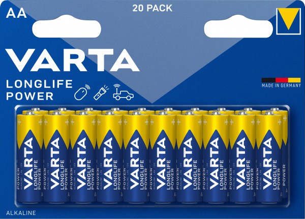 Varta Batterij Alkaline, Mignon, AA, LR06, 1.5V Longlife Power, Retail Blister (20-Pack)