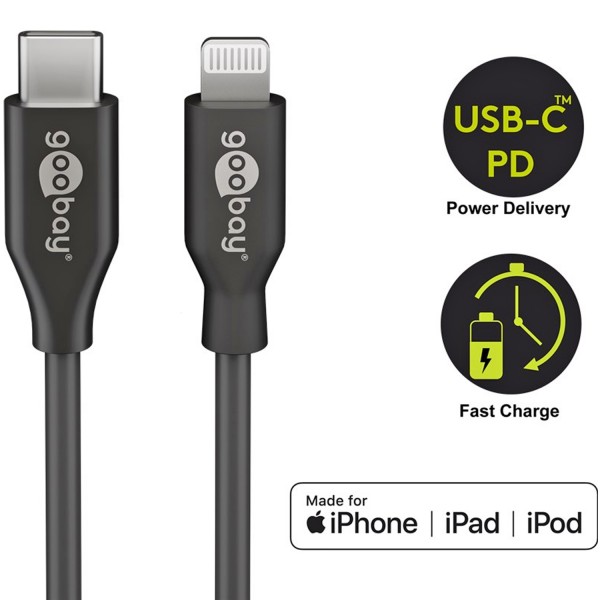 Lightning USB-C oplaad- en synchronisatiekabel, de MFi-kabel voor Apple iPhone, iPad zwart
