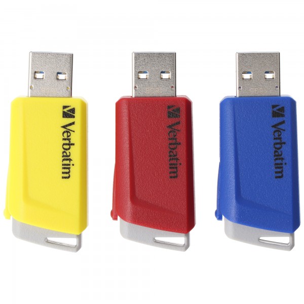 Verbatim USB 3.2 Stick 16GB, Store'n'Click, rood-blauw-geel Type-A, (R) 80MB/s, (W) 25MB/s, blisterverpakking (3-pack)