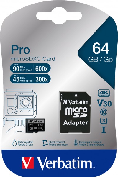 Verbatim microSDXC-kaart 64GB, PRO, U3, UHS-I, 4K UHD (R) 90MB/s, (W) 45MB/s, SD-adapter, blisterverpakking