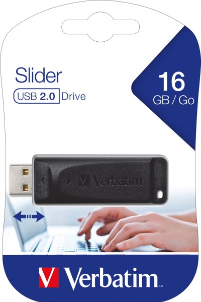 Verbatim USB 2.0 Stick 16GB, Slider (R) 10MB/s, (W) 4MB/s, blisterverpakking