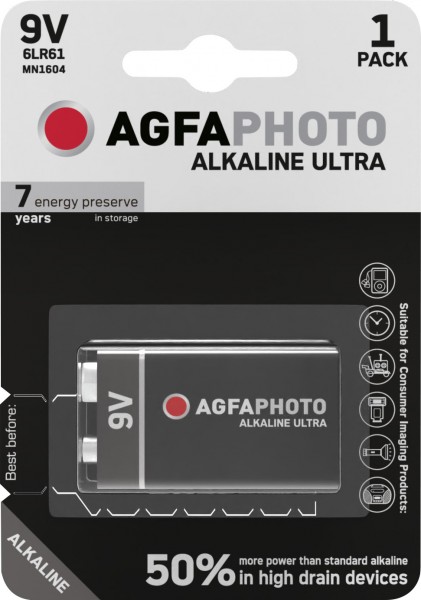 Agfaphoto Batterij Alkaline, E-Block, 6LR61, 9V Ultra, Retail-blister (1-pack)