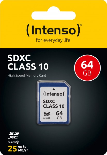 Intenso SDXC-kaart 64GB, Class 10 (R) 25MB/s, (W) 10MB/s, blisterverpakking