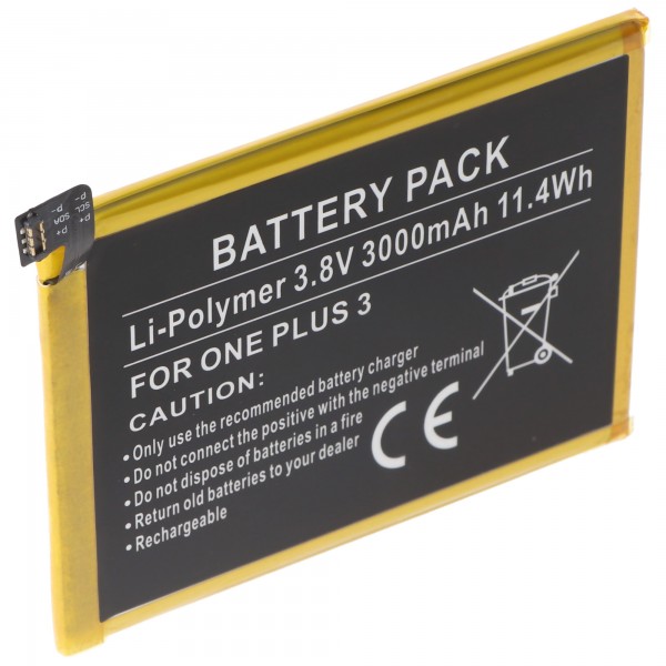 Batterij geschikt voor ONEPLUS 3, 3 Dual SIM, A3000, A3003, Regenbatterij BLP613