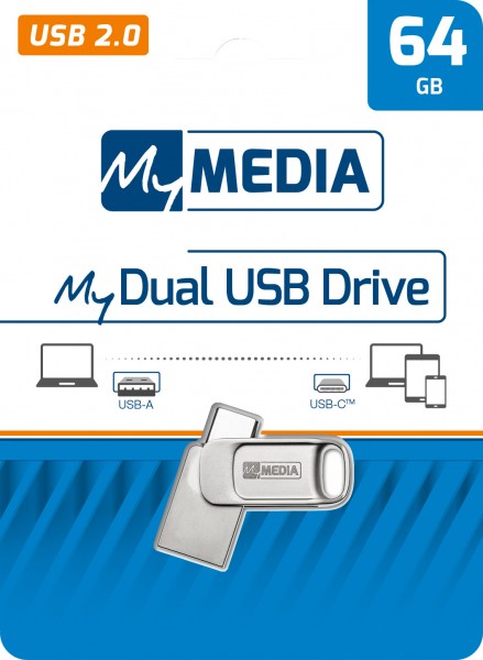 Mymedia USB 2.0 OTG Stick 64GB, type AC, My Dual, zilveren retailblister