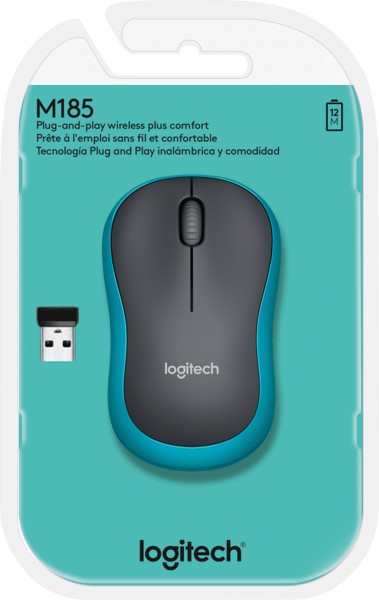 Logitech Mouse M185, draadloos, blauw optisch, 1000 dpi, 3 knoppen, retail