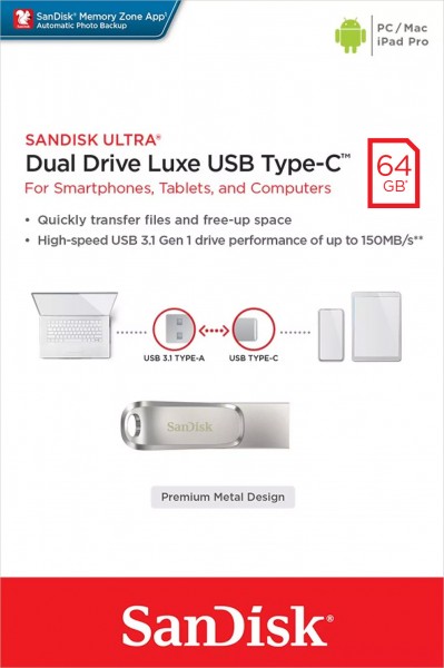 Sandisk USB 3.1 OTG Stick 64GB, Dual Drive Luxe Type-AC, (R) 150MB/s, Memory Zone, blisterverpakking