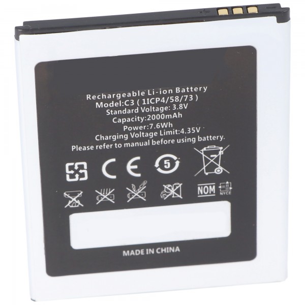 Li-Ion batterij - 2000mAh (3.8V) voor gsm, smartphone, telefoon vervangt Oukitel 1ICP4 / 58/73