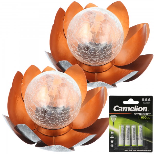2x decoratieve solar lotusbloem van metaal met glazen bol - aangenaam warm wit licht - fantastische lichteffecten - gebroken glasoptiek met 4x reserve batterij