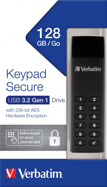 Verbatim USB 3.2 Stick 128GB, Secure, Toetsenbord, AES-256-Bit Type-A, (R) 160MB/s, (W) 150MB/s, Retail