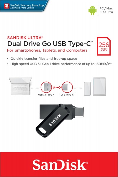 Sandisk USB 3.1 OTG Stick 256GB, Ultra Dual Go Type-AC, (R) 150MB/s, Memory Zone, blisterverpakking