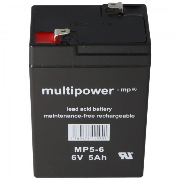 Multipower MP5-6 loodbatterij met Faston 4,8 mm stekkercontact, ook geschikt voor de Vision CP650 5Ah-batterij
