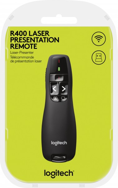 Logitech Presenter R400, draadloos, zwarte laser, 6 knoppen, incl. batterij 2x AAA, retail