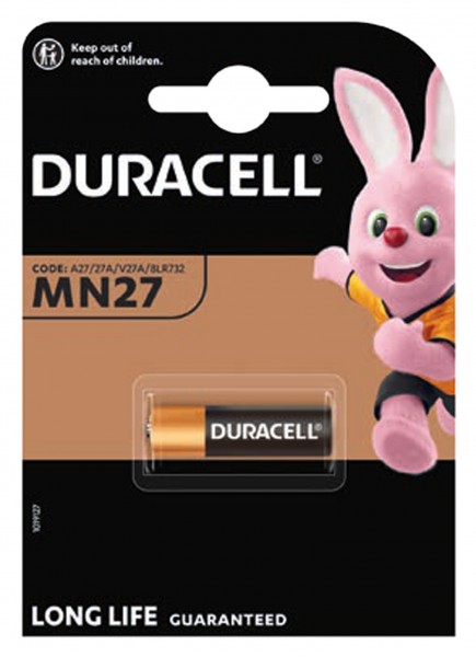 Duracell MN27, LR27 Een alkalinebatterij, 12 volt, afmetingen 28,8 x 8 mm