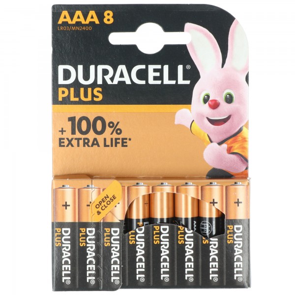 Duracell Batterij Alkaline, Micro, AAA, LR03, 1.5V Plus, Extra Life, Retail Blister (8-pack)