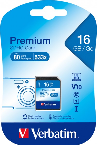 Verbatim SDHC-kaart 16GB, Premium, Class 10, U1, UHS-I (R) 80MB/s, (W) 10MB/s, blisterverpakking