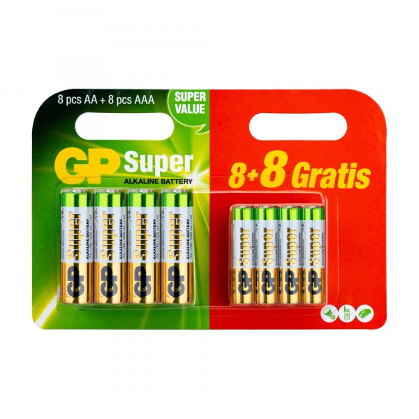 GP Alkaline Super Mixblister AAA Micro en AA Mignon batterijen Super 1.5V 8 + 8 stuks