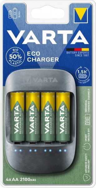 Varta batterij NiMH, universele lader, Eco Charger incl. batterijen, 4x Mignon, AA, 2100mAh