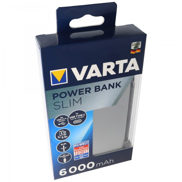 Varta Powerbank Slim zilver 6000 mAh, inclusief micro usb oplaadkabel