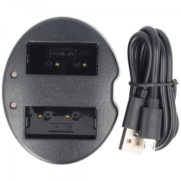 2-weg USB-lader voor twee Fuji NP-W126-batterijen, levering inclusief laadadapter en USB-laadkabel